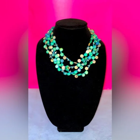 Vintage NY & Co Turquoise Abalone Shell Multi Stranded Necklace w/Clear Quartz - Picture 1 of 5